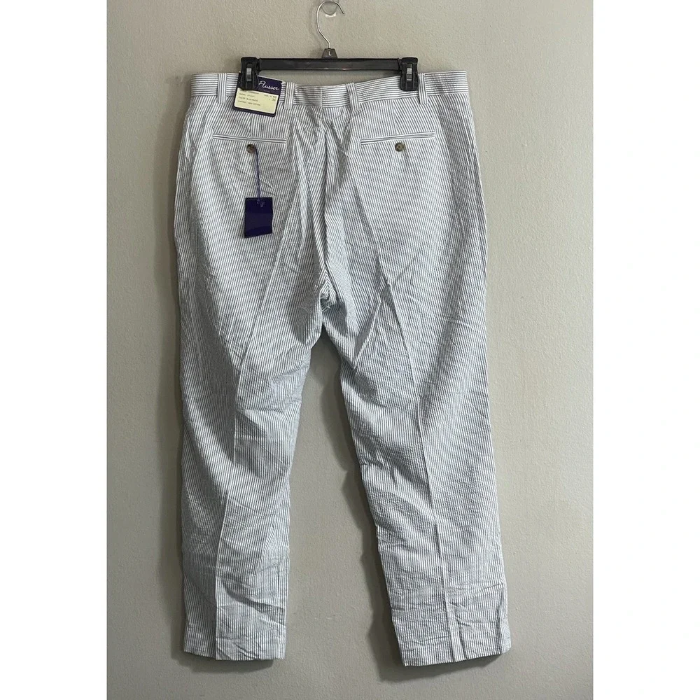NWT Alan Flusser Pants Men's 40x30 Blue Striped Cotton Seersucker Beach
